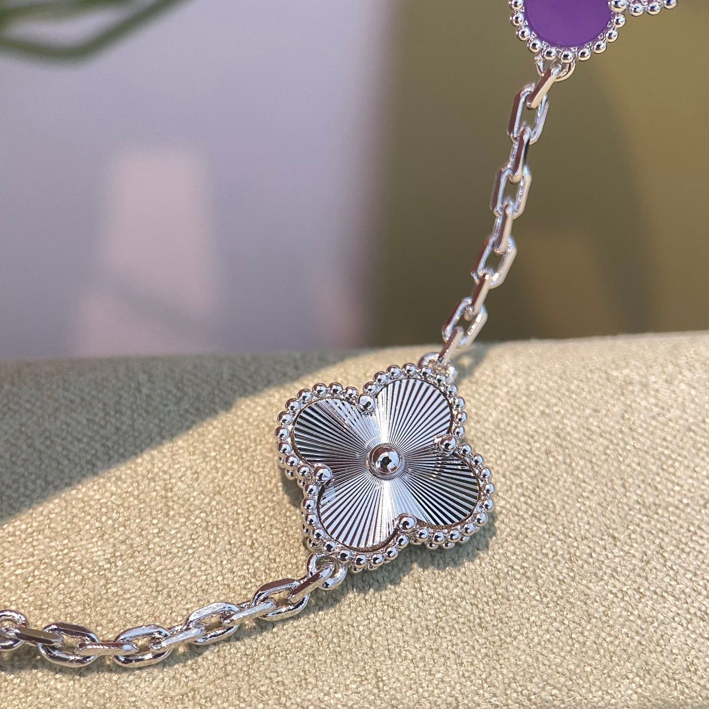 CLOVER 5 MOTIFS PURPLE VIOLET BRACELET SILVER
