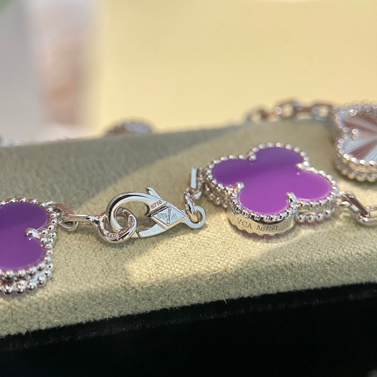 CLOVER 5 MOTIFS PURPLE VIOLET BRACELET SILVER