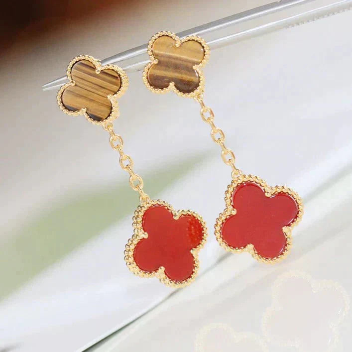 CLOVER 2 MOTIF TIGER EYE CARNELIAN EARRINGS