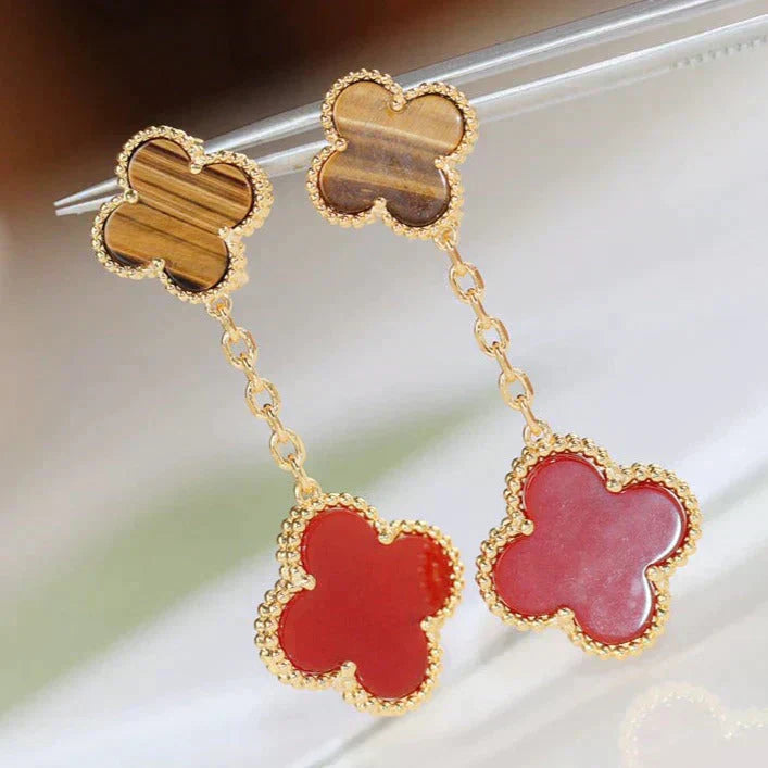 CLOVER 2 MOTIF TIGER EYE CARNELIAN EARRINGS