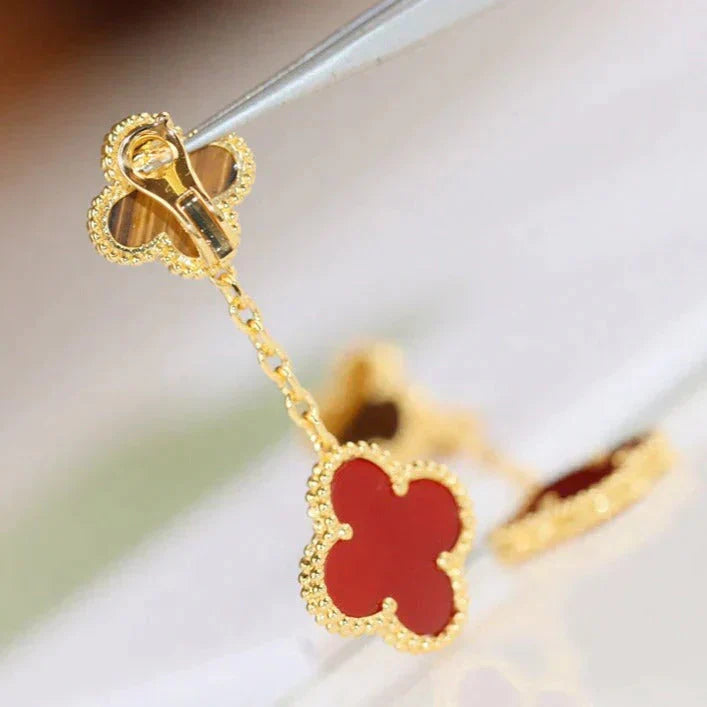 CLOVER 2 MOTIF TIGER EYE CARNELIAN EARRINGS