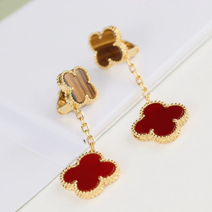 CLOVER 2 MOTIF TIGER EYE CARNELIAN EARRINGS