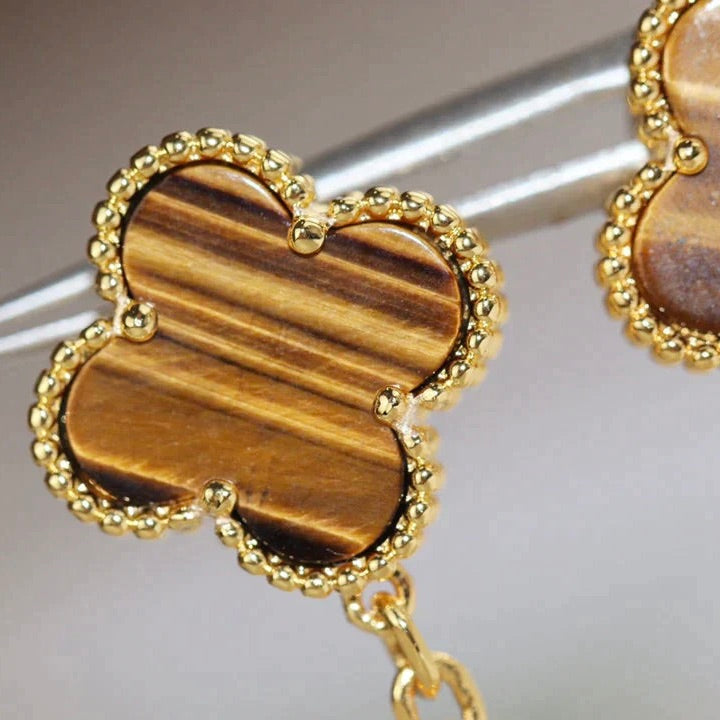 CLOVER 2 MOTIF TIGER EYE CARNELIAN EARRINGS
