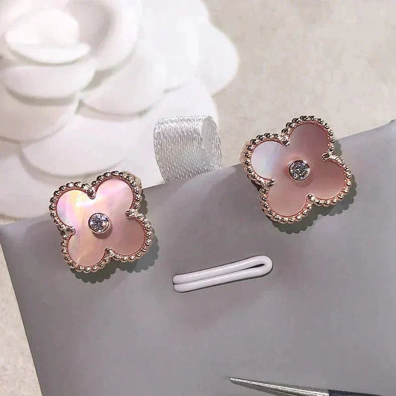 CLOVER MEDIUM 1 MOTIFS PINK MOP DIAMOND EARRINGS