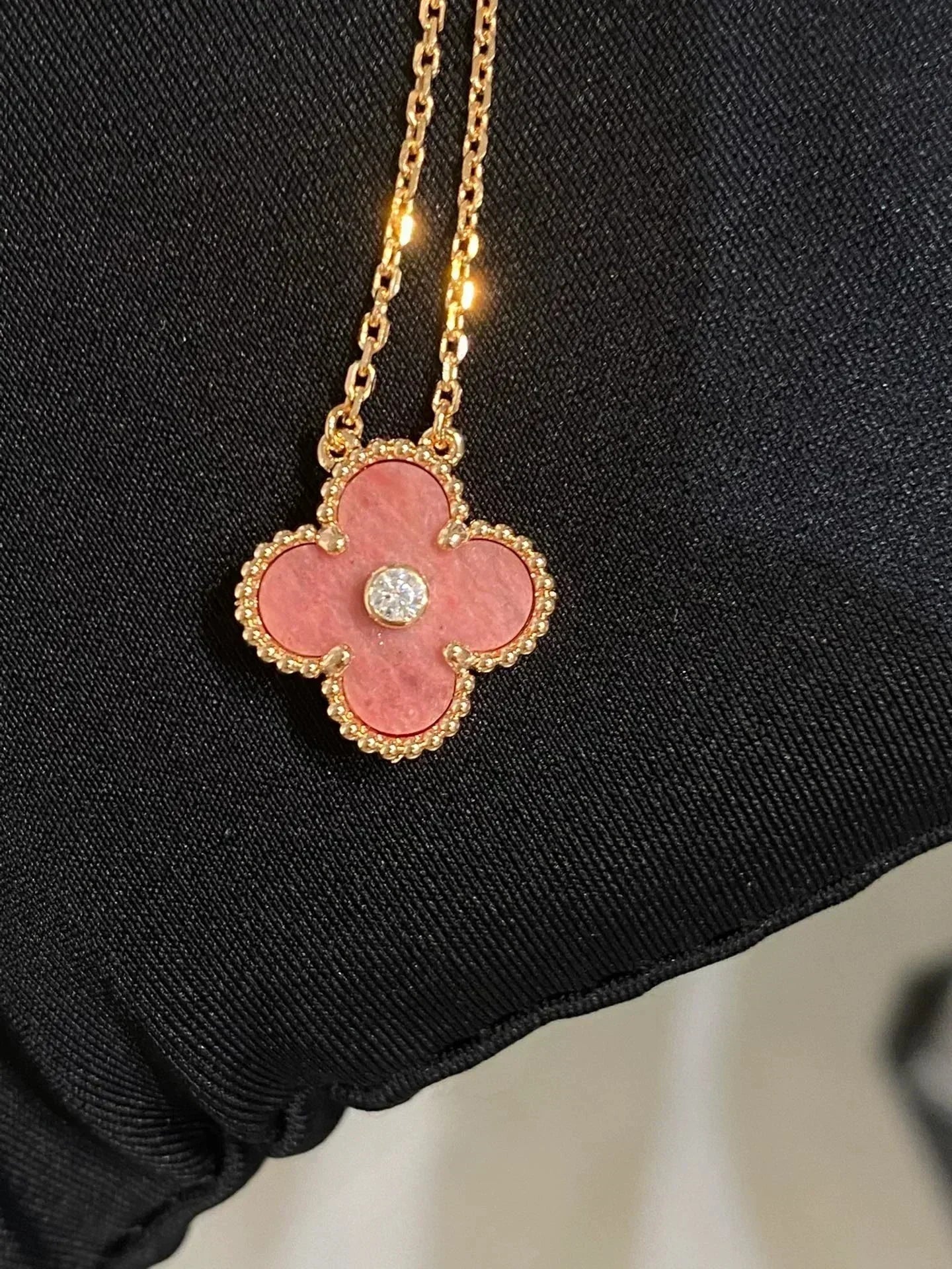 DIANA CLOVER 15MM DIAMOND RHODONITE NECKLACE