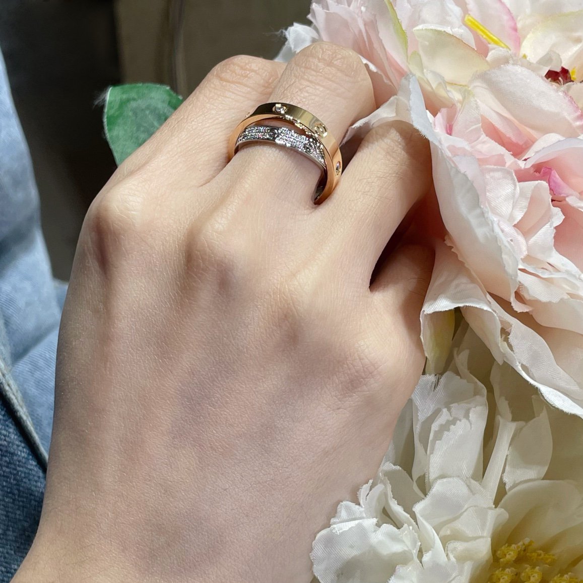 DIANA LOVE PINK GOLD SILVER DIAMOND DOUBLE RING