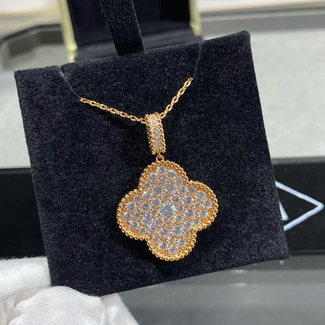 DIANA CLOVER 25MM LARGE PEDANT DIAMOND PAVED LONG NECKLACE