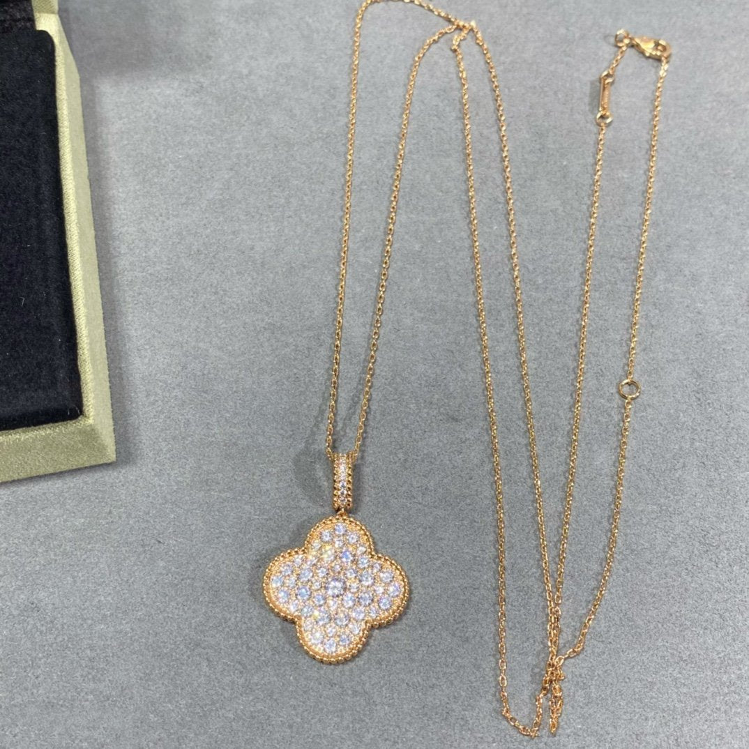DIANA CLOVER 25MM LARGE PEDANT DIAMOND PAVED LONG NECKLACE