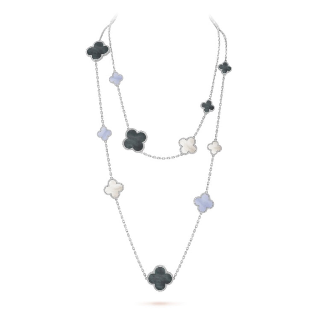 DIANA CLOVER 16 MOTIF CHALCEDONY MOP SILVER NECKLACE