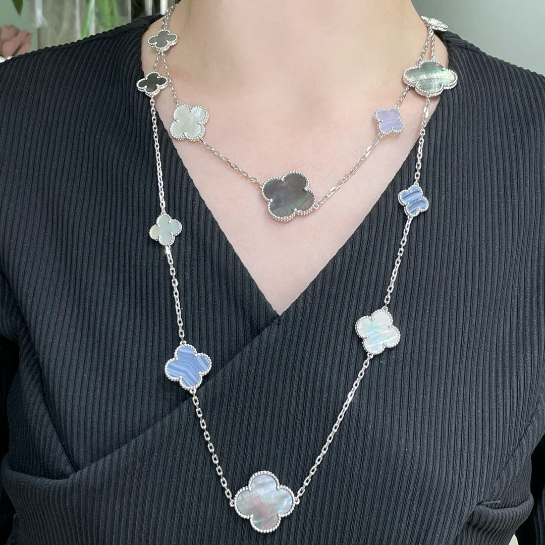 DIANA CLOVER 16 MOTIF CHALCEDONY MOP SILVER NECKLACE
