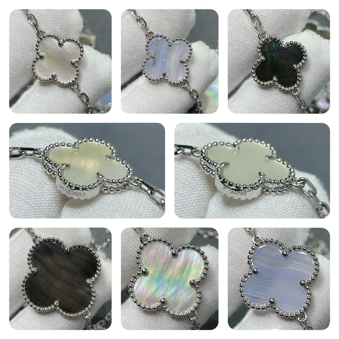 DIANA CLOVER 16 MOTIF CHALCEDONY MOP SILVER NECKLACE