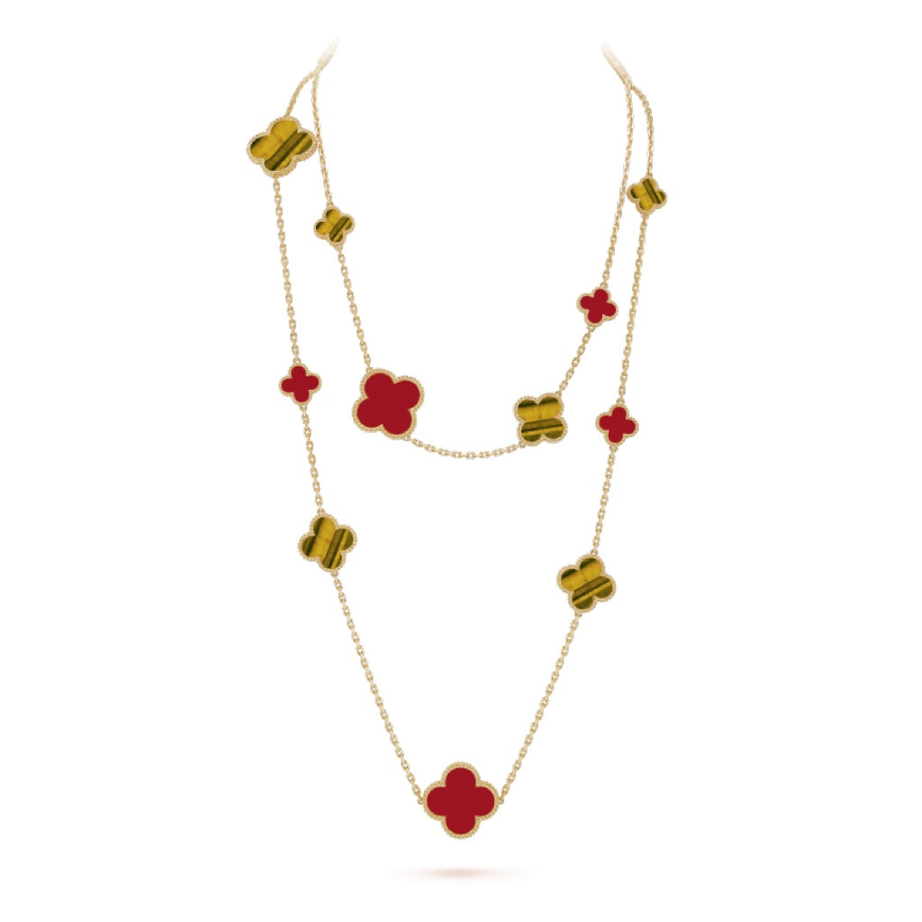 DIANA CLOVER 16 MOTIF CARNELIAN TIGER EYE ROSE GOLD NECKLACE