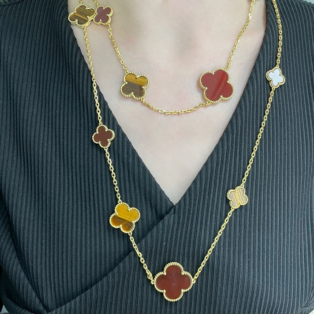 DIANA CLOVER 16 MOTIF CARNELIAN TIGER EYE ROSE GOLD NECKLACE
