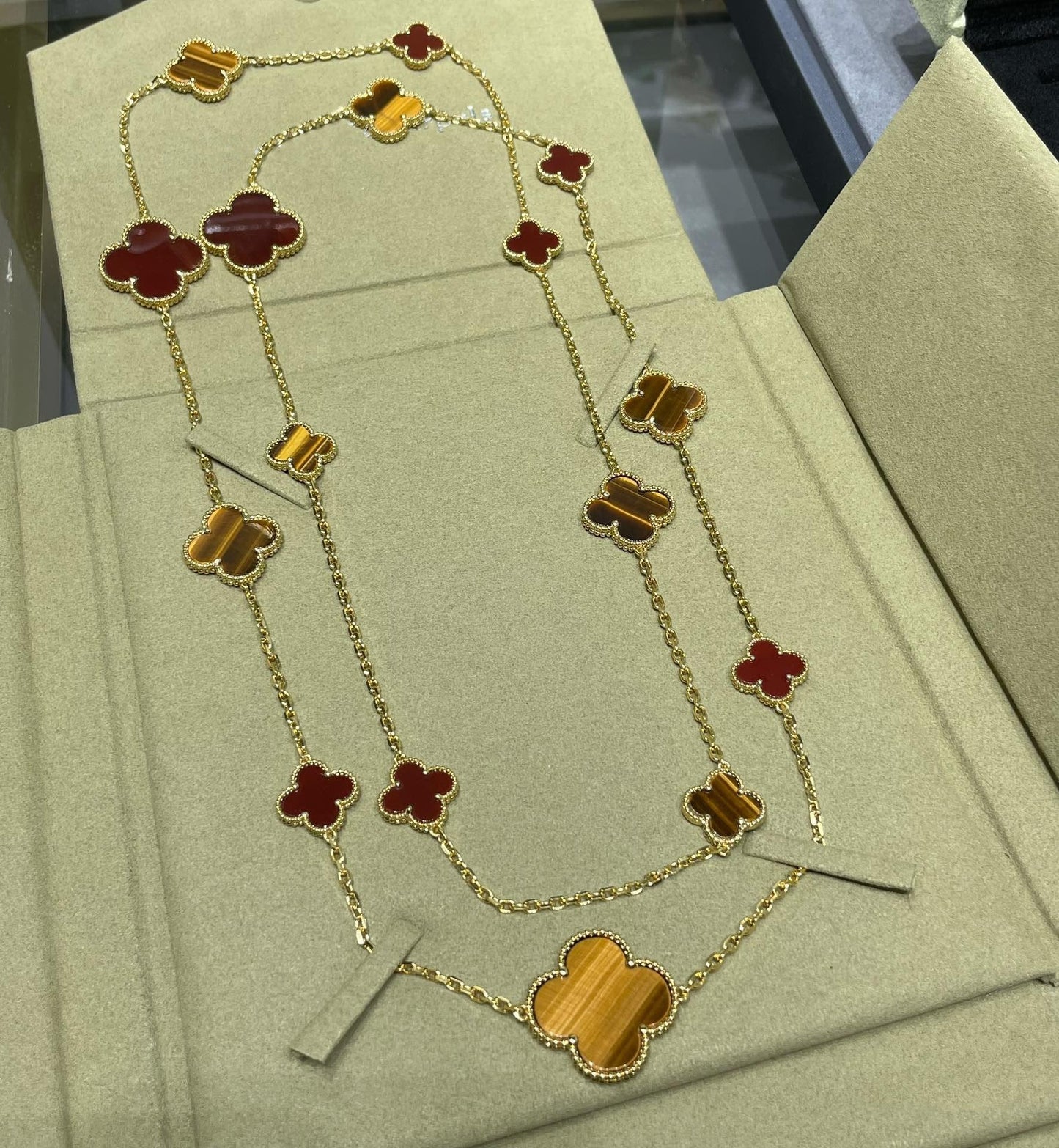 DIANA CLOVER 16 MOTIF CARNELIAN TIGER EYE ROSE GOLD NECKLACE
