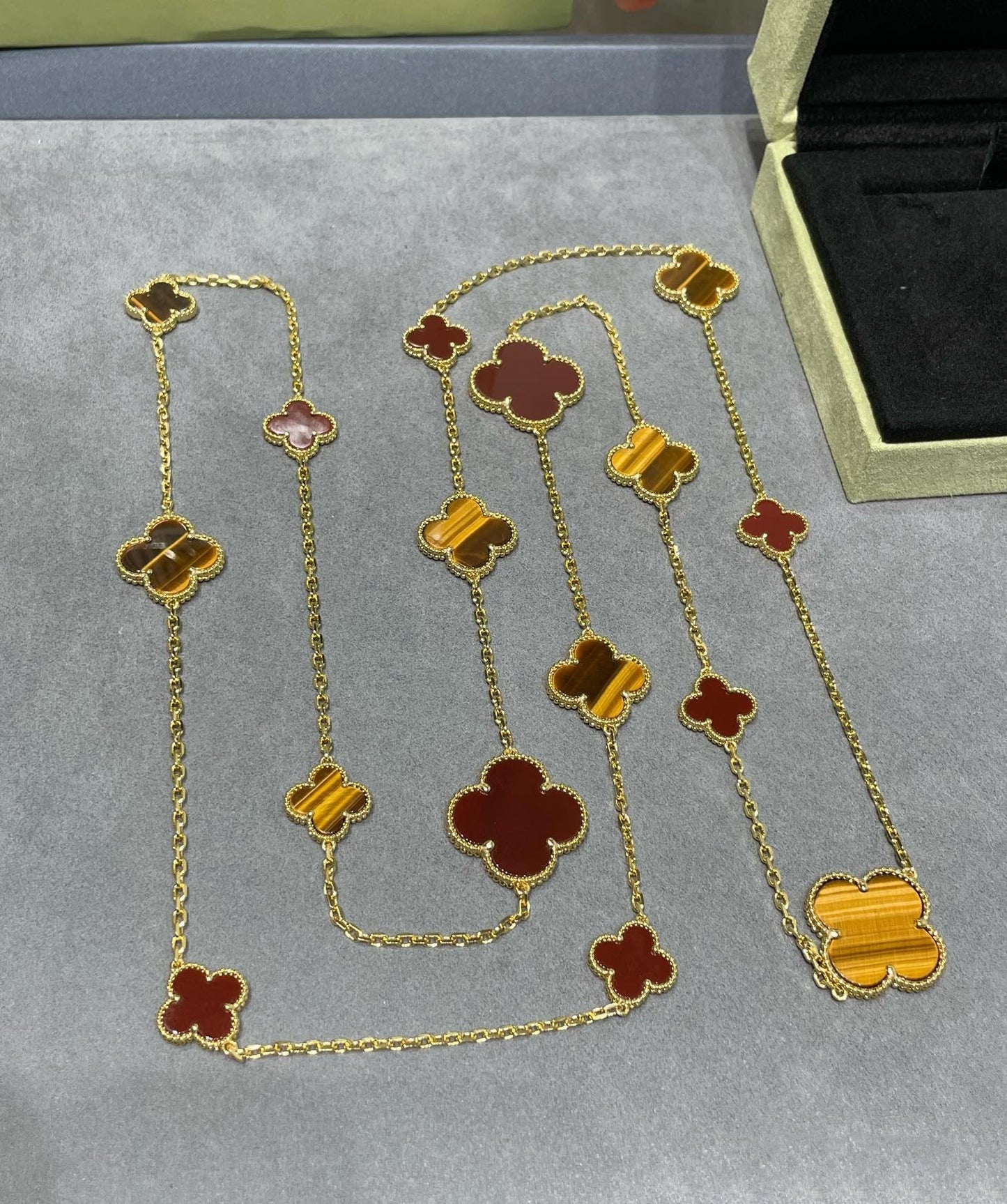DIANA CLOVER 16 MOTIF CARNELIAN TIGER EYE ROSE GOLD NECKLACE
