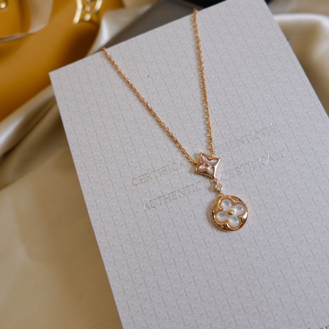 DIANA STAR AND SUN WHITE MOP 2 MOTIF PINK GOLD NECKLACE