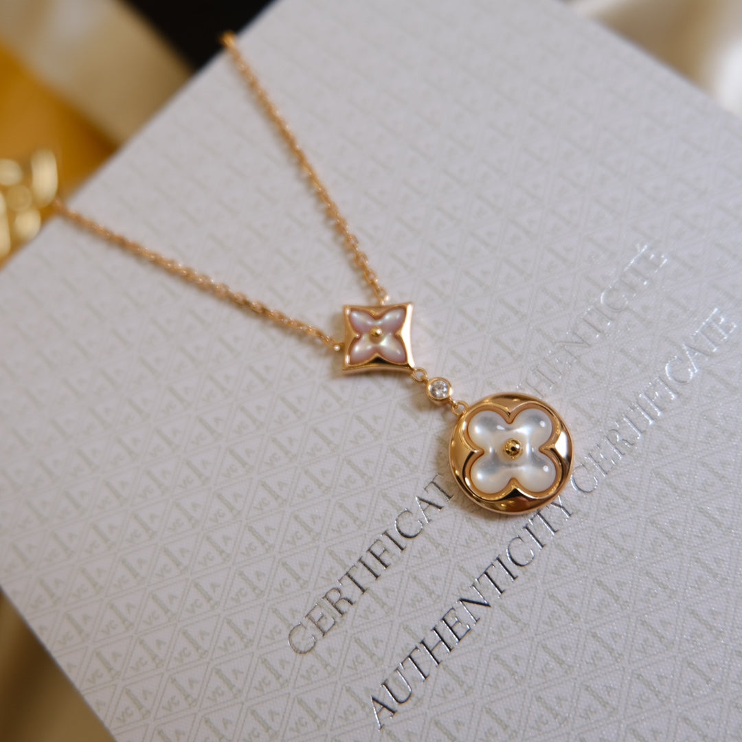DIANA STAR AND SUN WHITE MOP 2 MOTIF PINK GOLD NECKLACE