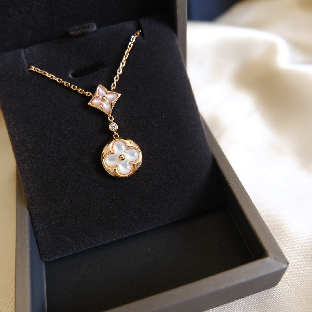 DIANA STAR AND SUN WHITE MOP 2 MOTIF PINK GOLD NECKLACE