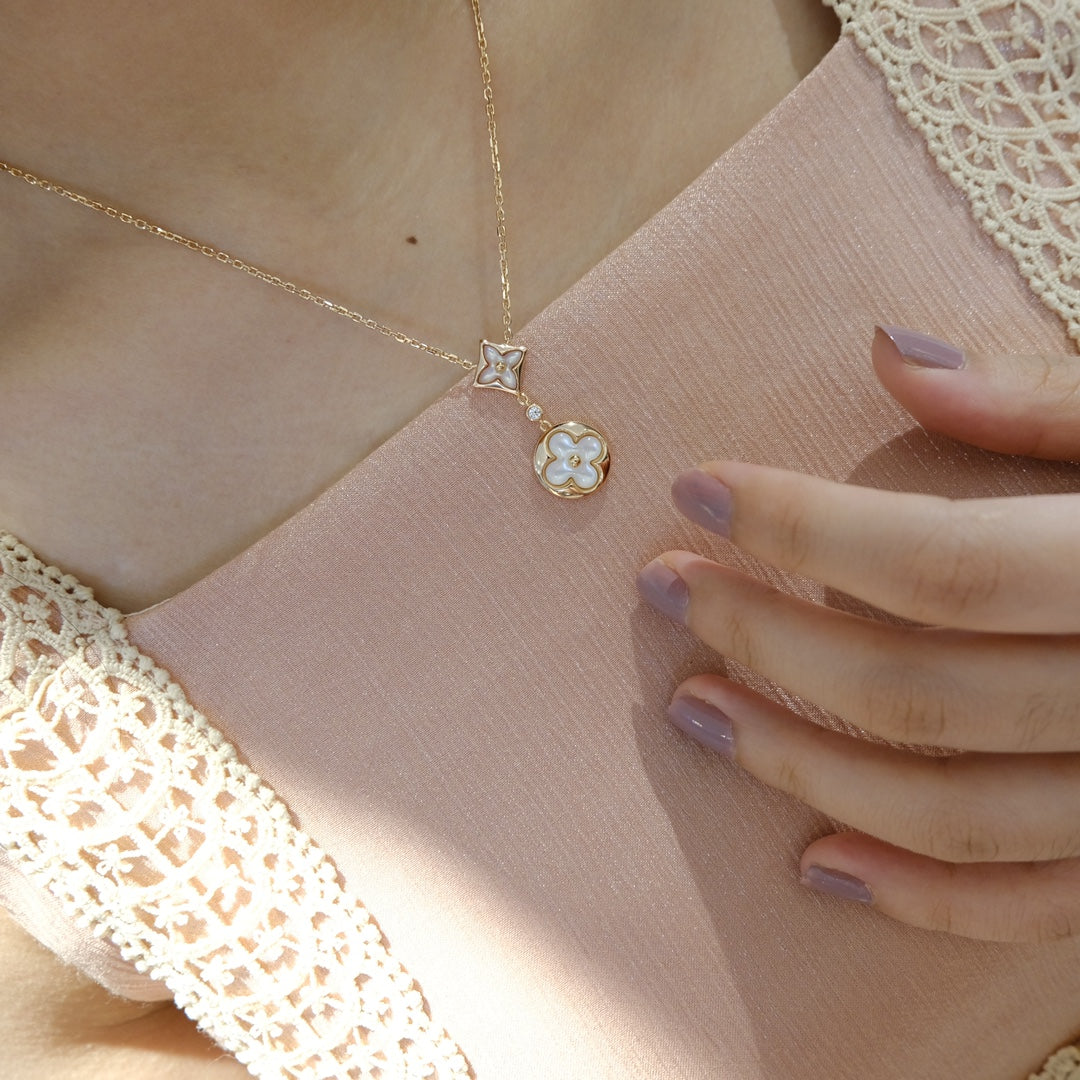 DIANA STAR AND SUN WHITE MOP 2 MOTIF PINK GOLD NECKLACE