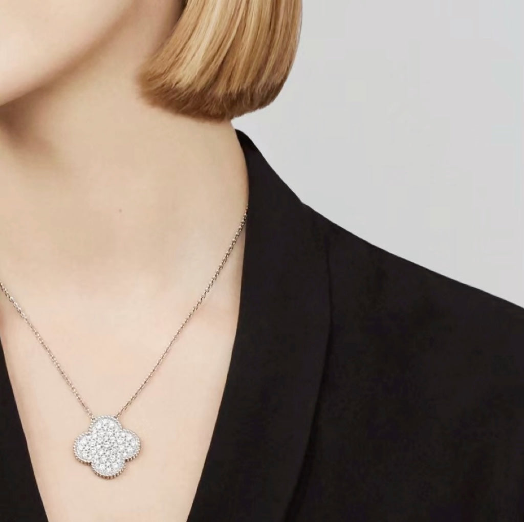 DIANA CLOVER 25MM LARGE PENDANT DIAMOND PAVED SILVER NECKLACE