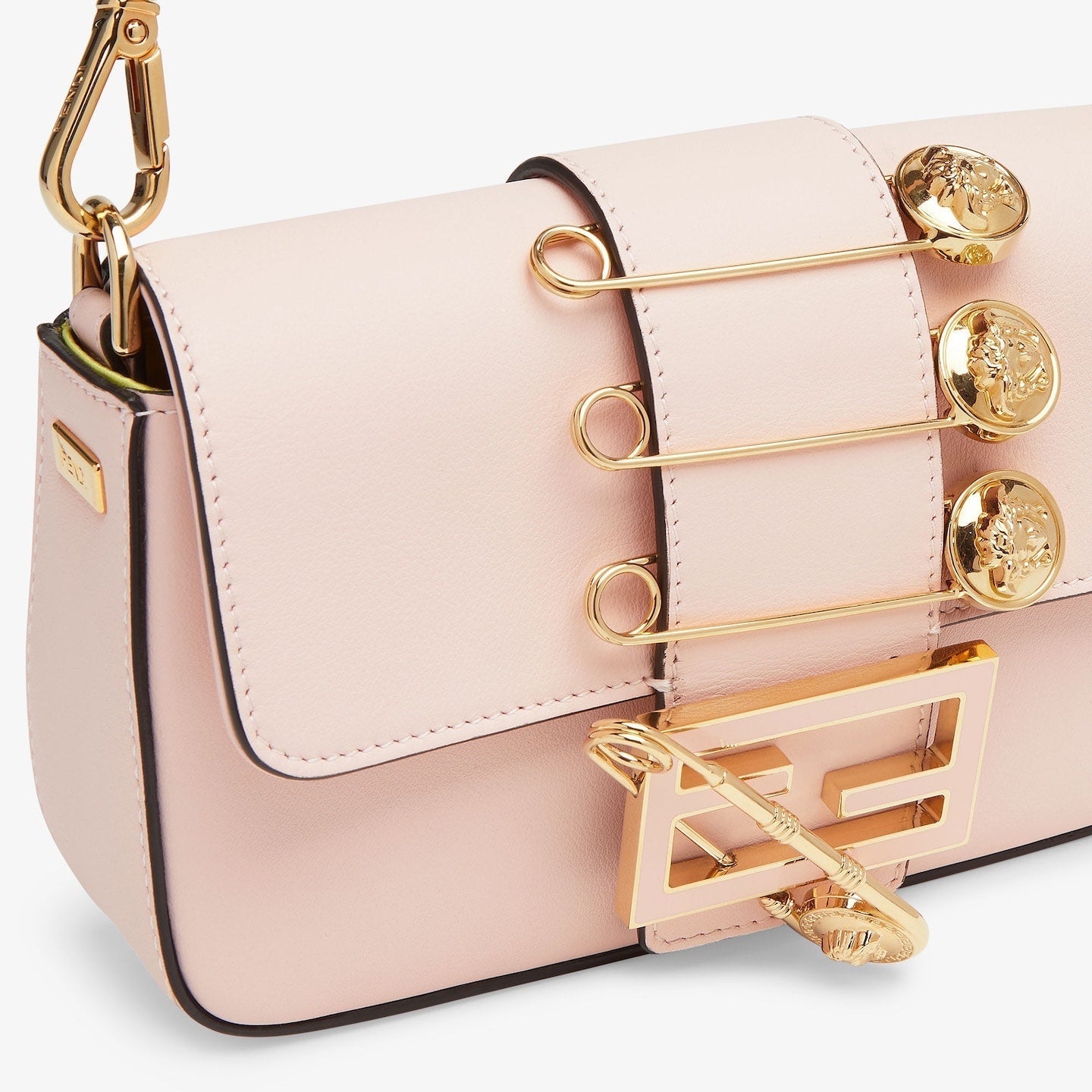 FENDI FENDACE BROOCH MINI 20 BAGUETTE BAG IN LIGHT PINK CALFSKIN