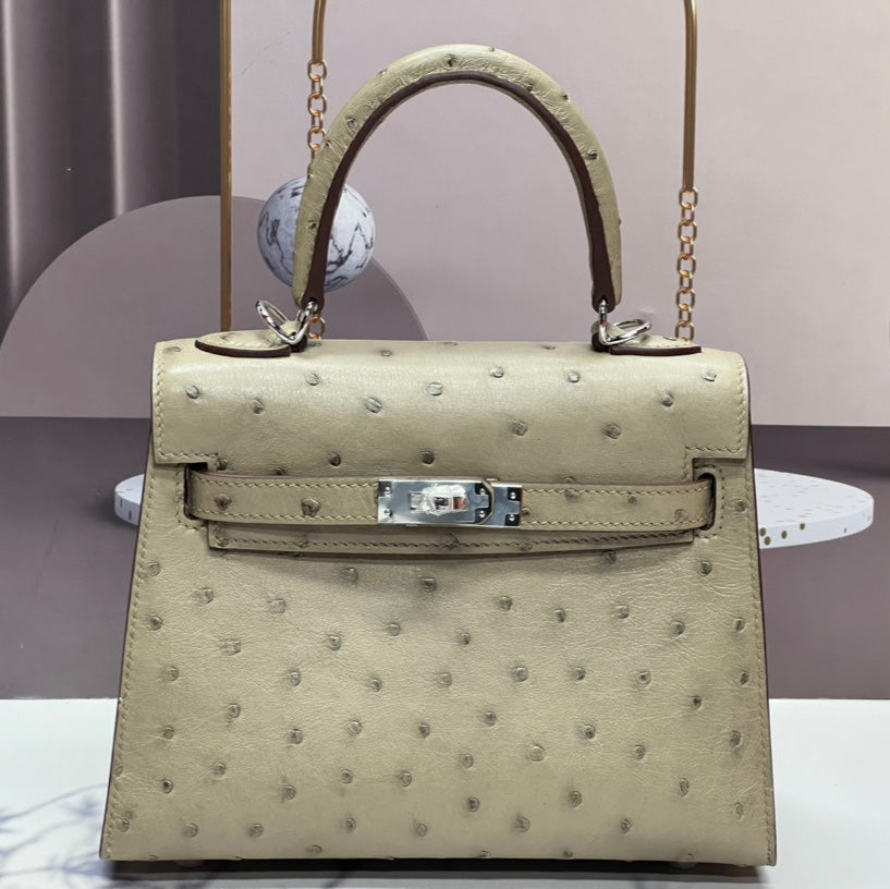 KELLY BAG 20 IN KHAKI TAN OSTRICH LEATHER WITH SILVER HARDWARE (MADE - TO - ODER)