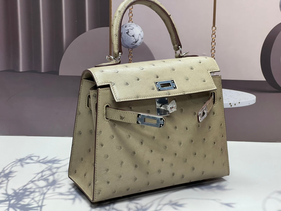 KELLY BAG 20 IN KHAKI TAN OSTRICH LEATHER WITH SILVER HARDWARE (MADE - TO - ODER)