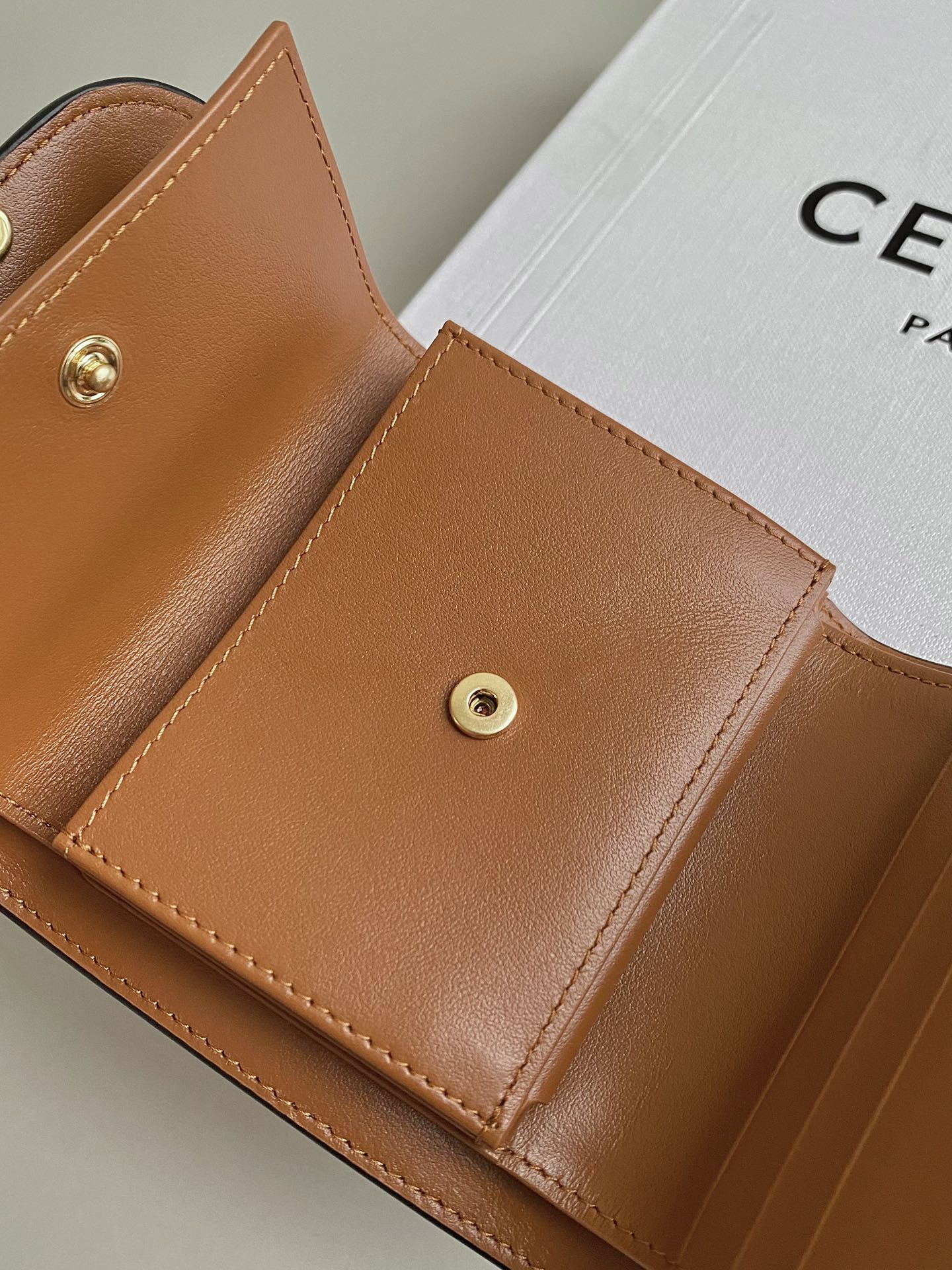 TRIPHOME 10 TRIFOLD WALLET CALFSKIN AND CANVAS WHITE BROWN