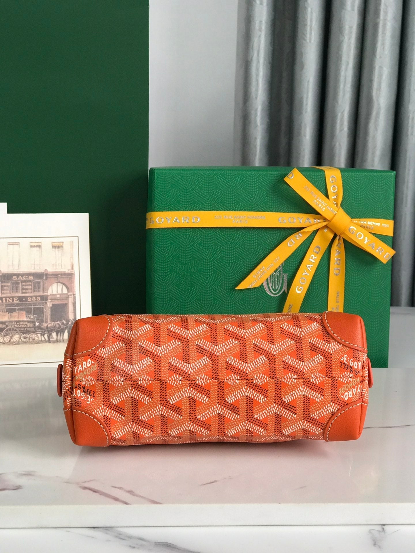 VEND?ME COSMETIC POUCH 17 IN ORANGE GOYARDINE CANVAS AND CALFSKIN TRIM