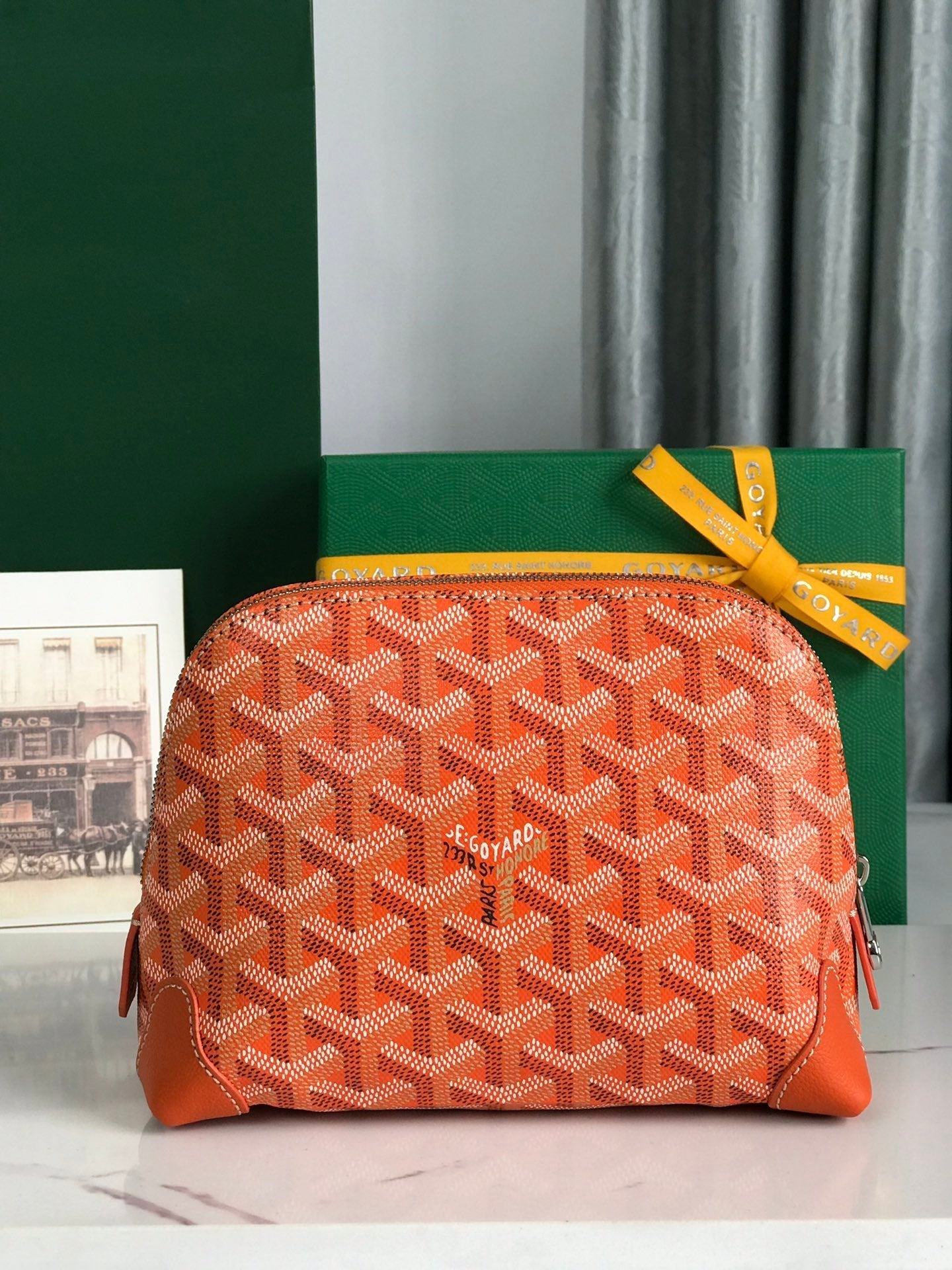 VEND?ME COSMETIC POUCH 17 IN ORANGE GOYARDINE CANVAS AND CALFSKIN TRIM