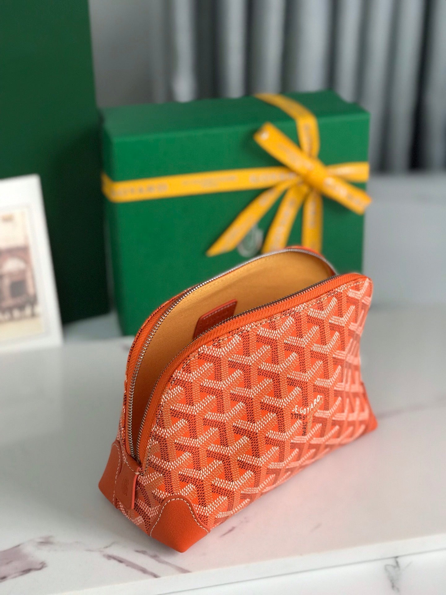 VEND?ME COSMETIC POUCH 17 IN ORANGE GOYARDINE CANVAS AND CALFSKIN TRIM
