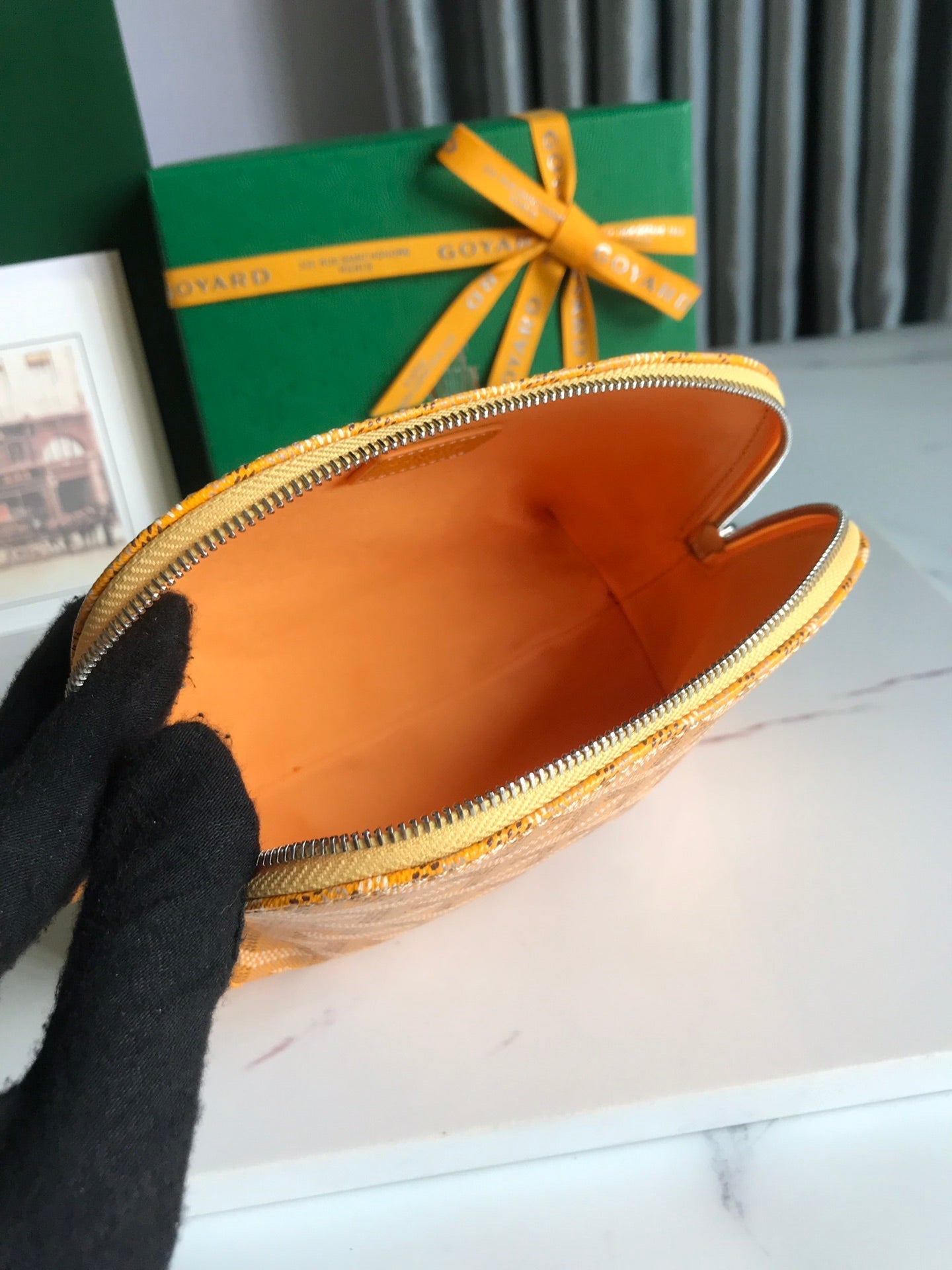 VEND?ME COSMETIC POUCH 17 IN YELLOW GOYARDINE CANVAS AND CALFSKIN TRIM