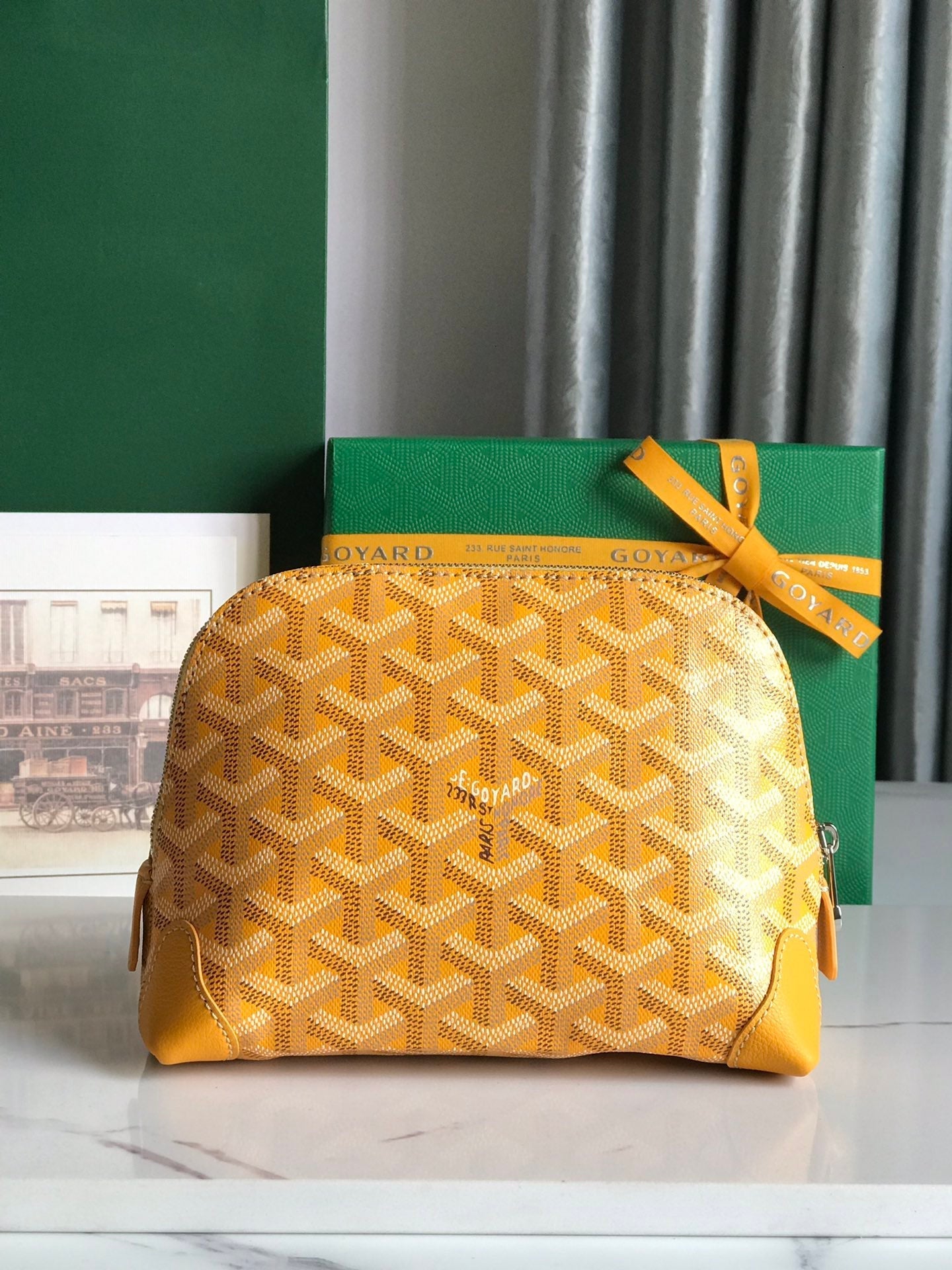 VEND?ME COSMETIC POUCH 17 IN YELLOW GOYARDINE CANVAS AND CALFSKIN TRIM