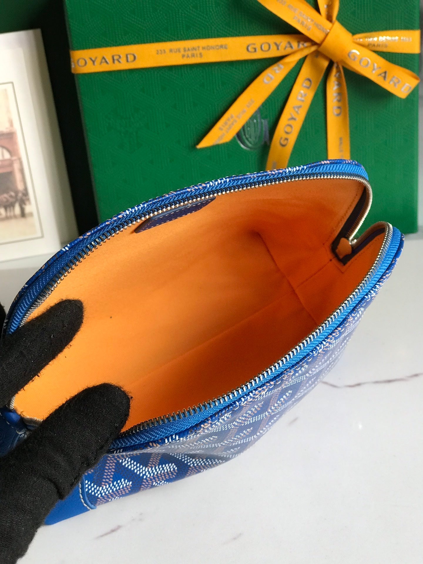 VEND?ME COSMETIC POUCH 17 IN SAPPHIRE BLUE GOYARDINE CANVAS AND CALFSKIN TRIM