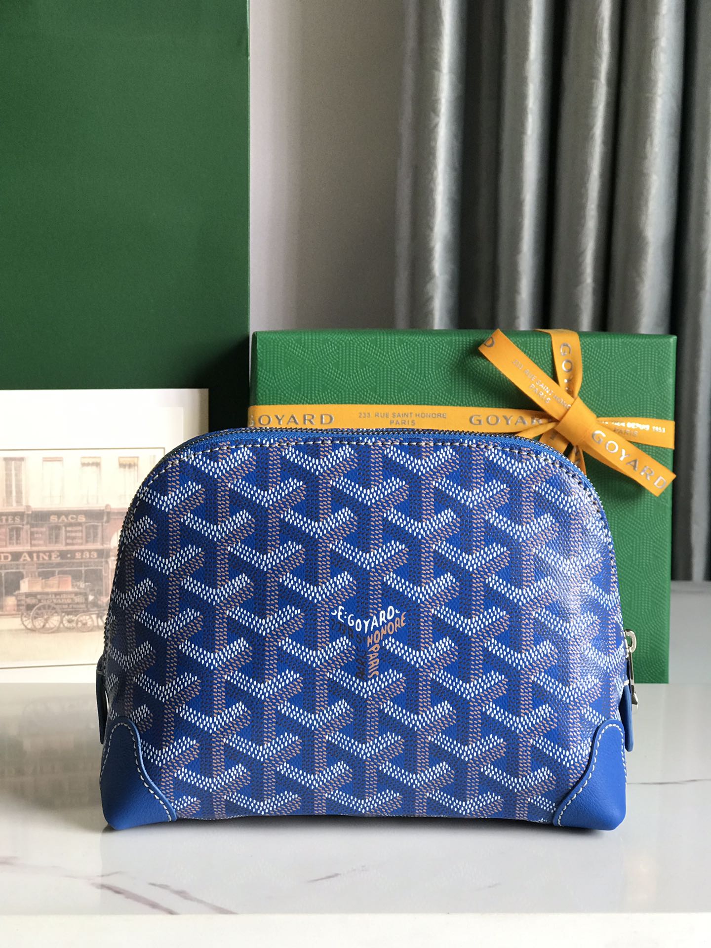 VEND?ME COSMETIC POUCH 17 IN SAPPHIRE BLUE GOYARDINE CANVAS AND CALFSKIN TRIM