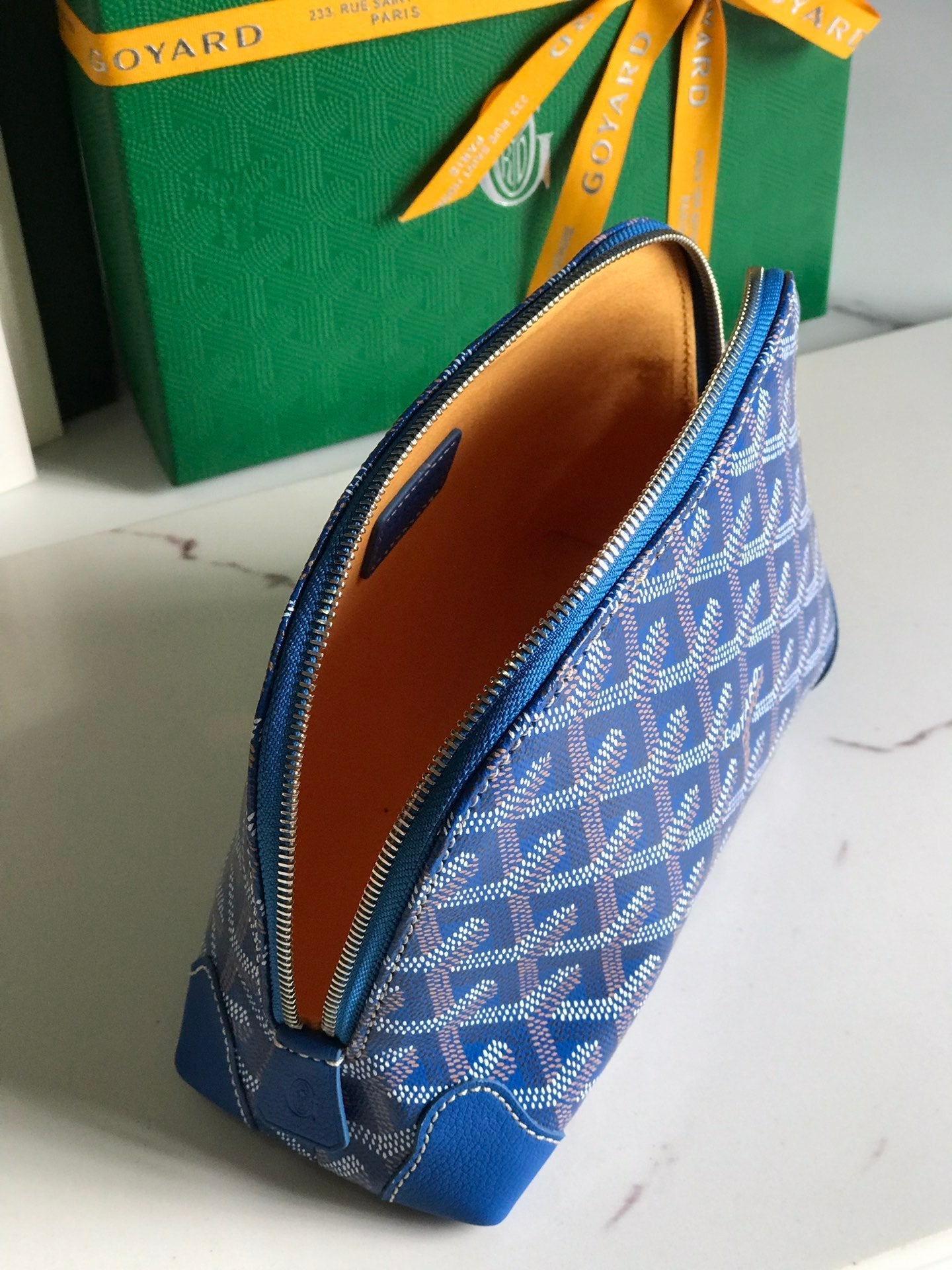 VEND?ME COSMETIC POUCH 17 IN SAPPHIRE BLUE GOYARDINE CANVAS AND CALFSKIN TRIM