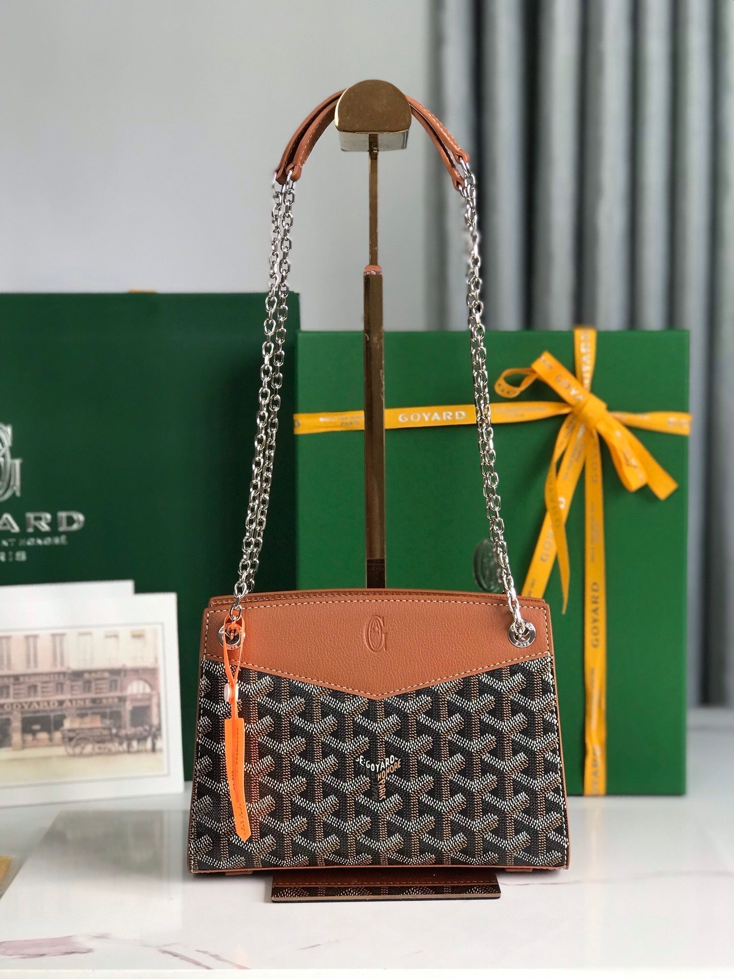ROUETTE STRUCTUR¨¦ MINI BAG 21 IN BLACK GOYARDINE CANVAS AND TAN CALFSKIN