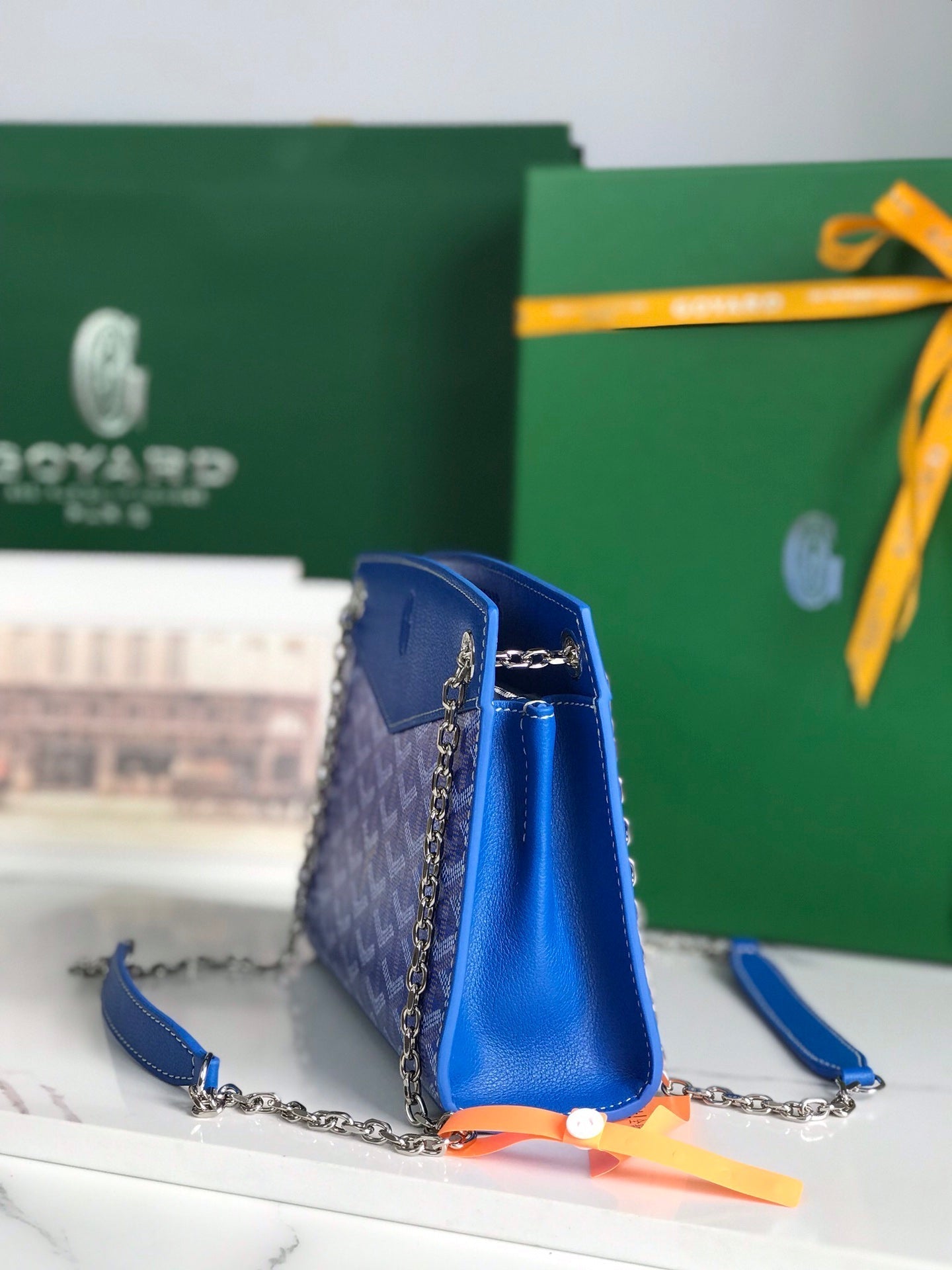 ROUETTE STRUCTUR¨¦ MINI BAG 21 IN SAPPHIRE BLUE GOYARDINE CANVAS AND CALFSKIN