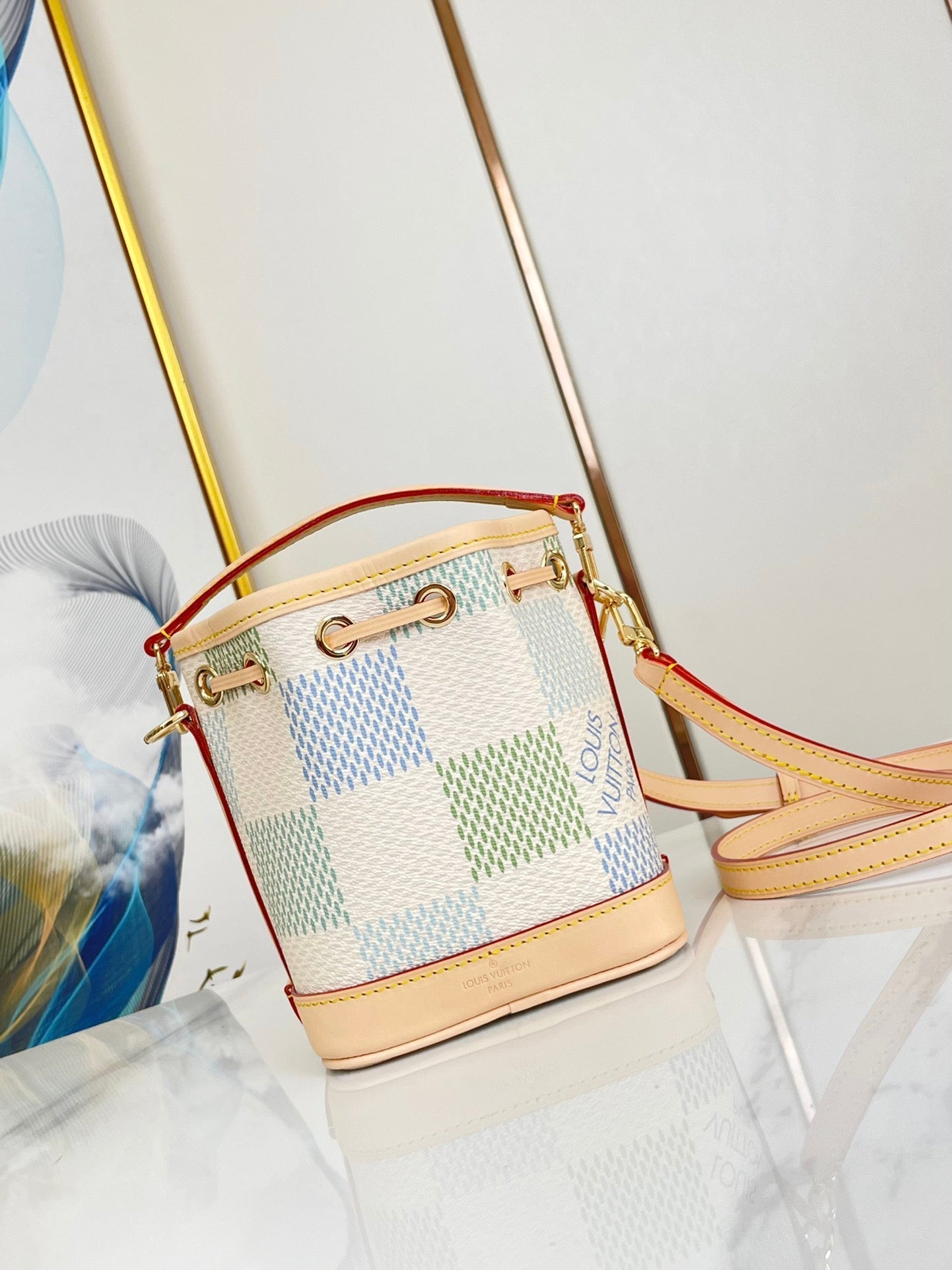 NANO NO¨¦ 16 IN PISTACHIO DAMIER GIANT CANVAS GOLD HARDWARE