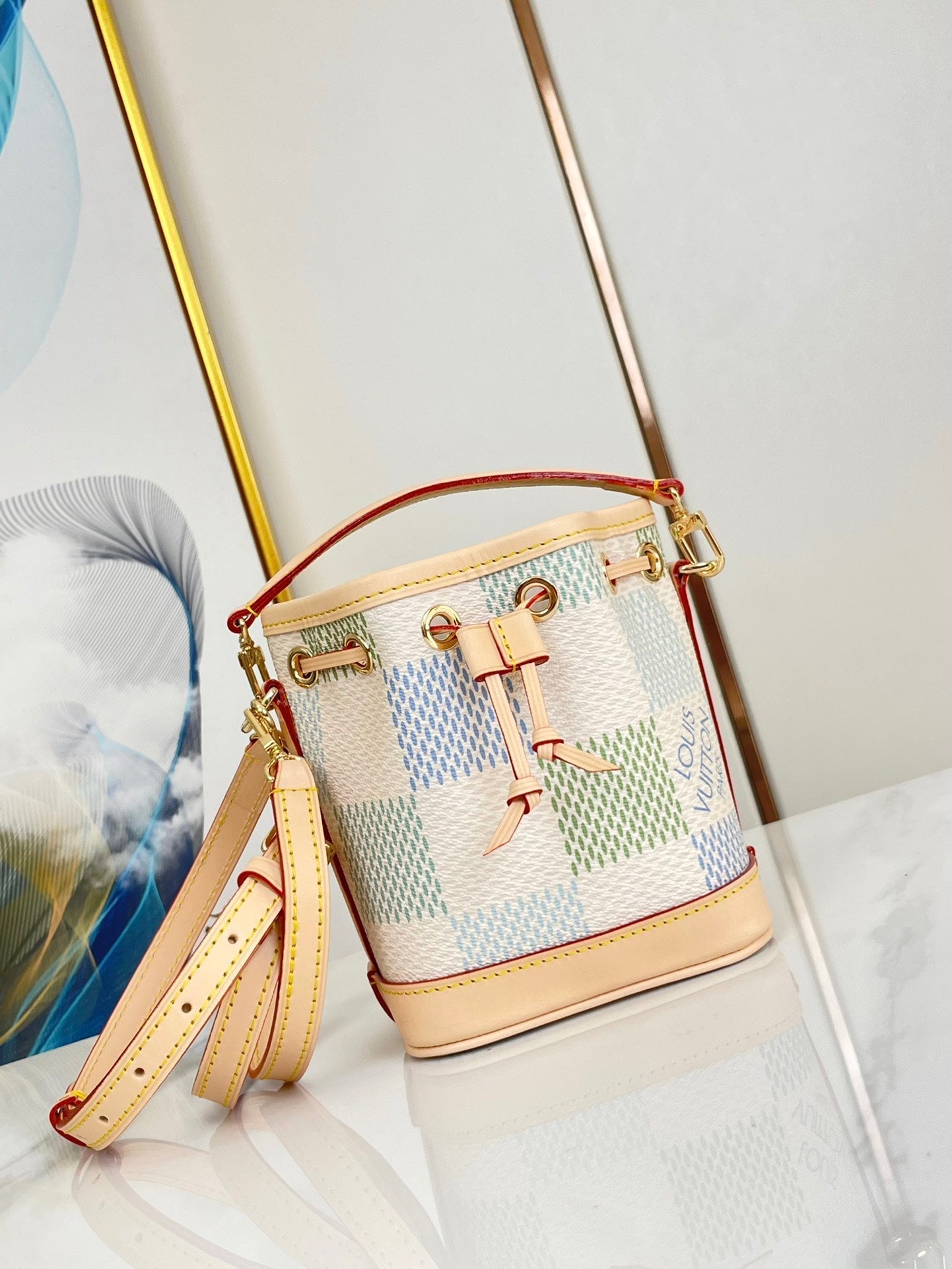 NANO NO¨¦ 16 IN PISTACHIO DAMIER GIANT CANVAS GOLD HARDWARE