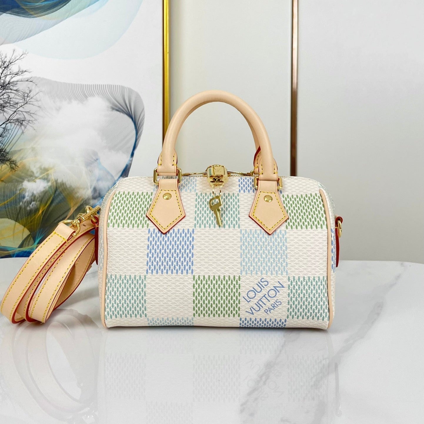 SPEEDY BANDOULI¨¨RE 20 IN PISTACHIO DAMIER GIANT CANVAS GOLD HARDWARE