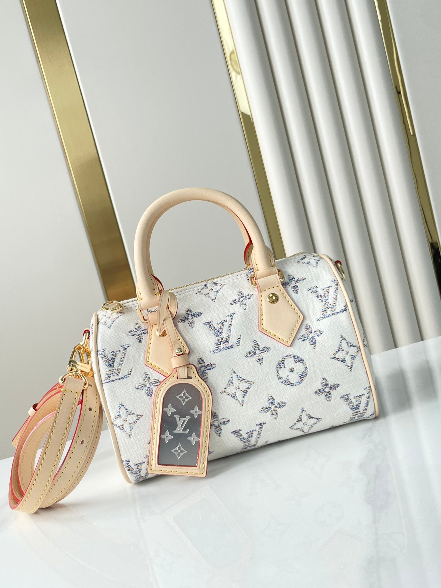 SPEEDY BANDOULI¨¨RE 20 IN WHITE MONOGRAM JACQUARD FABRIC AND BEIGE CALFSKIN TRIM