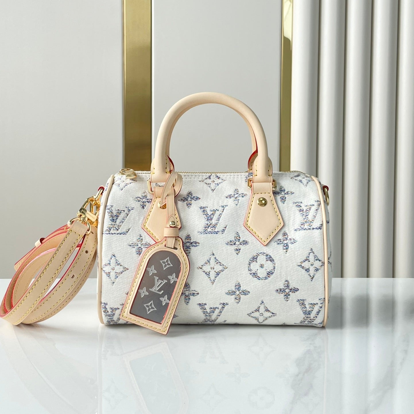 SPEEDY BANDOULI¨¨RE 20 IN WHITE MONOGRAM JACQUARD FABRIC AND BEIGE CALFSKIN TRIM