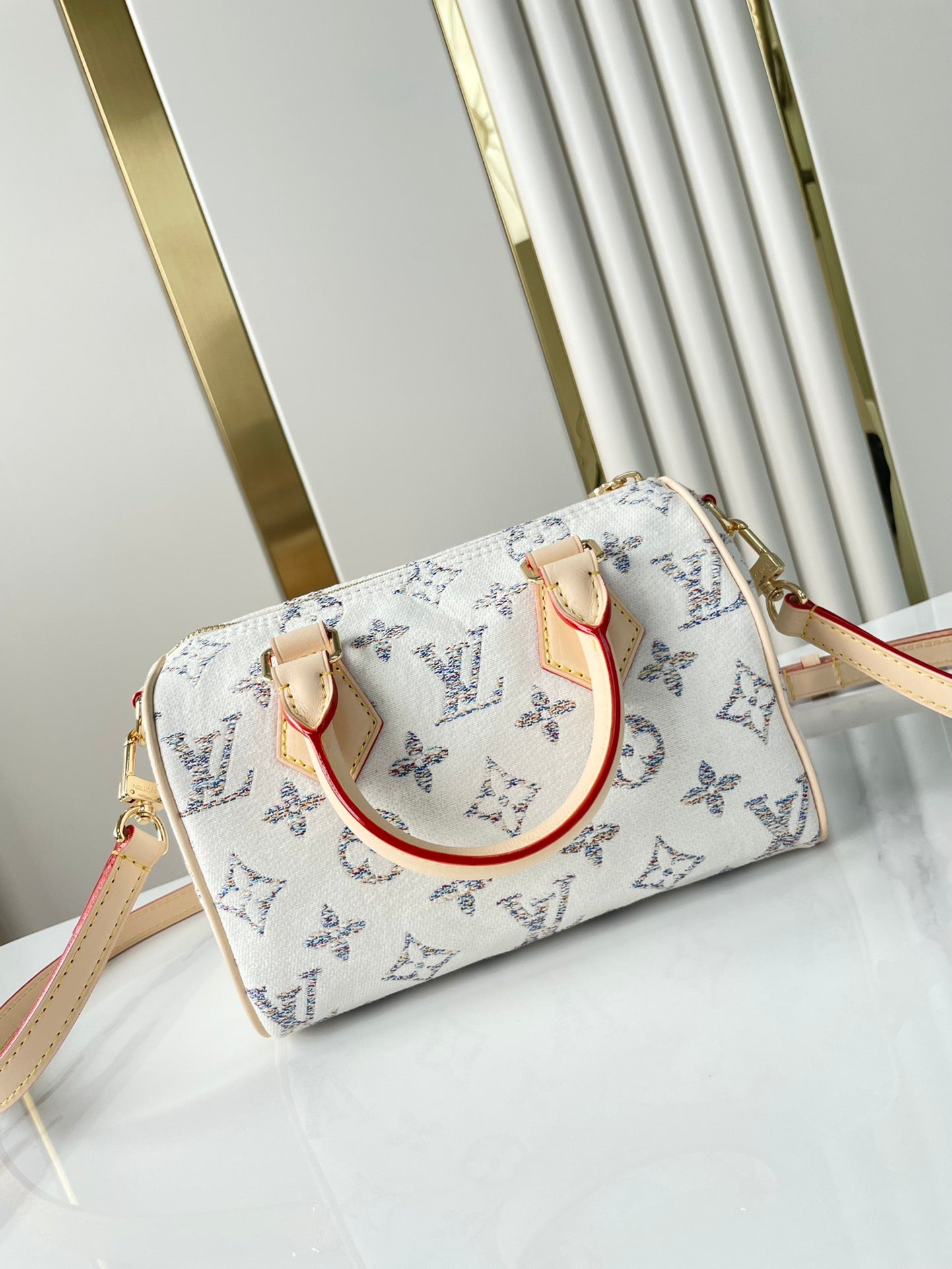 SPEEDY BANDOULI¨¨RE 20 IN WHITE MONOGRAM JACQUARD FABRIC AND BEIGE CALFSKIN TRIM
