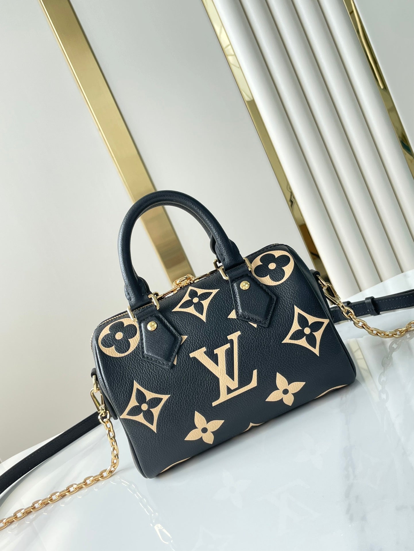SPEEDY BANDOULI¨¨RE 20 IN BLACK CREAM MONOGRAM EMPREINTE LEATHER GOLD HARDWARE