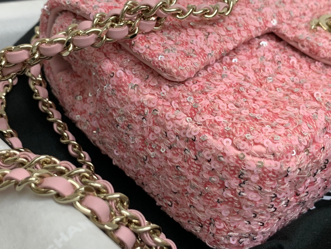 25C Flap Bag 20cm Pink Polka Dot Silver Sequin Calfskin