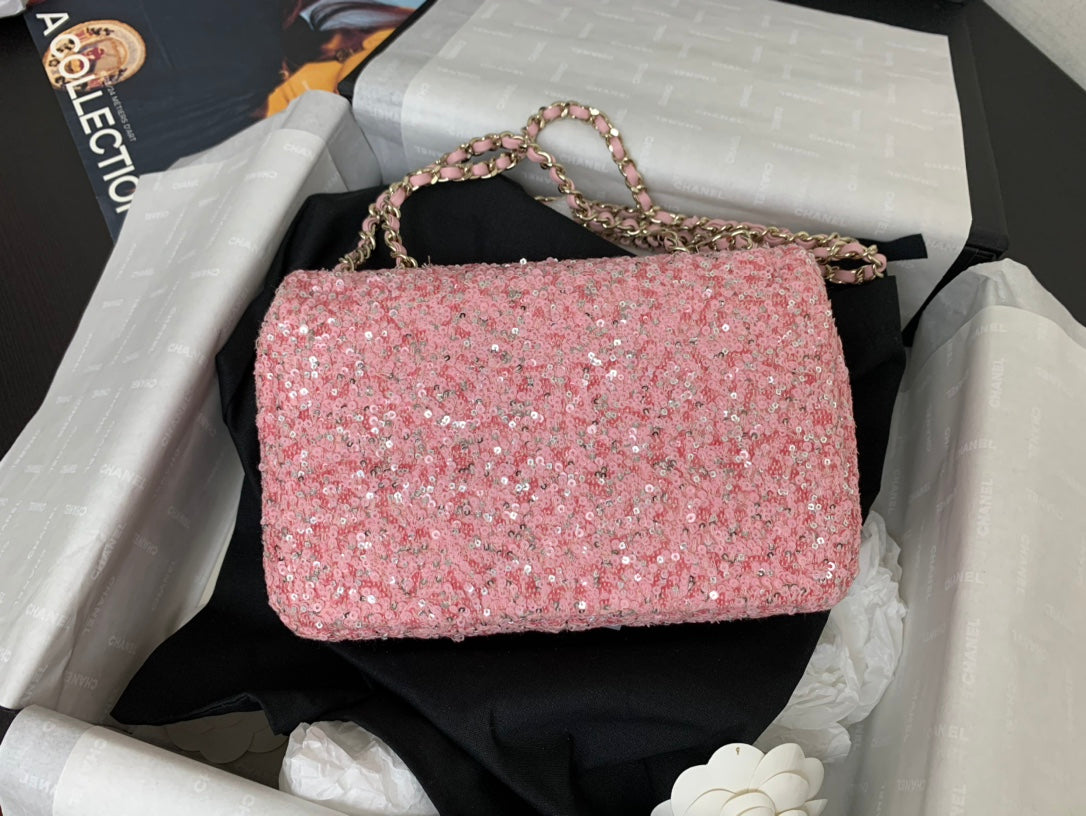 25C Flap Bag 20cm Pink Polka Dot Silver Sequin Calfskin