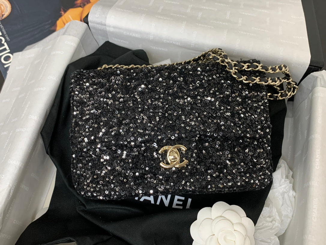 25C Flap Bag 20cm Black Polka Dot Silver Sequin Calfskin