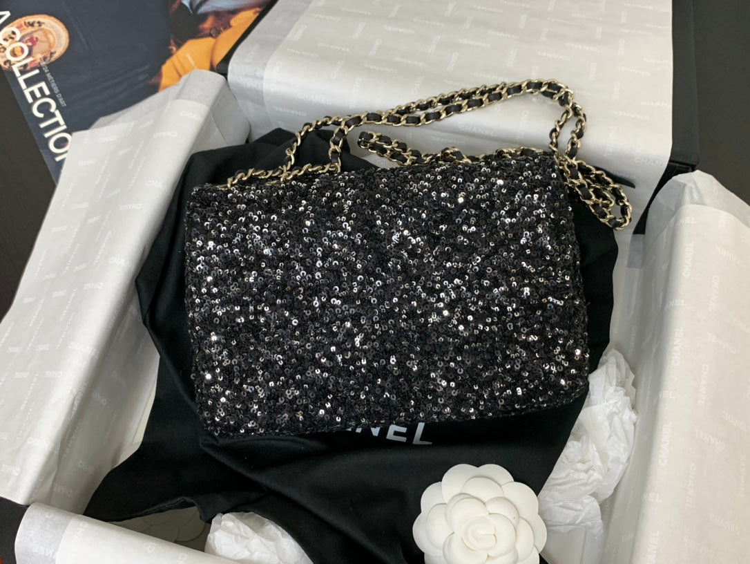 25C Flap Bag 20cm Black Polka Dot Silver Sequin Calfskin