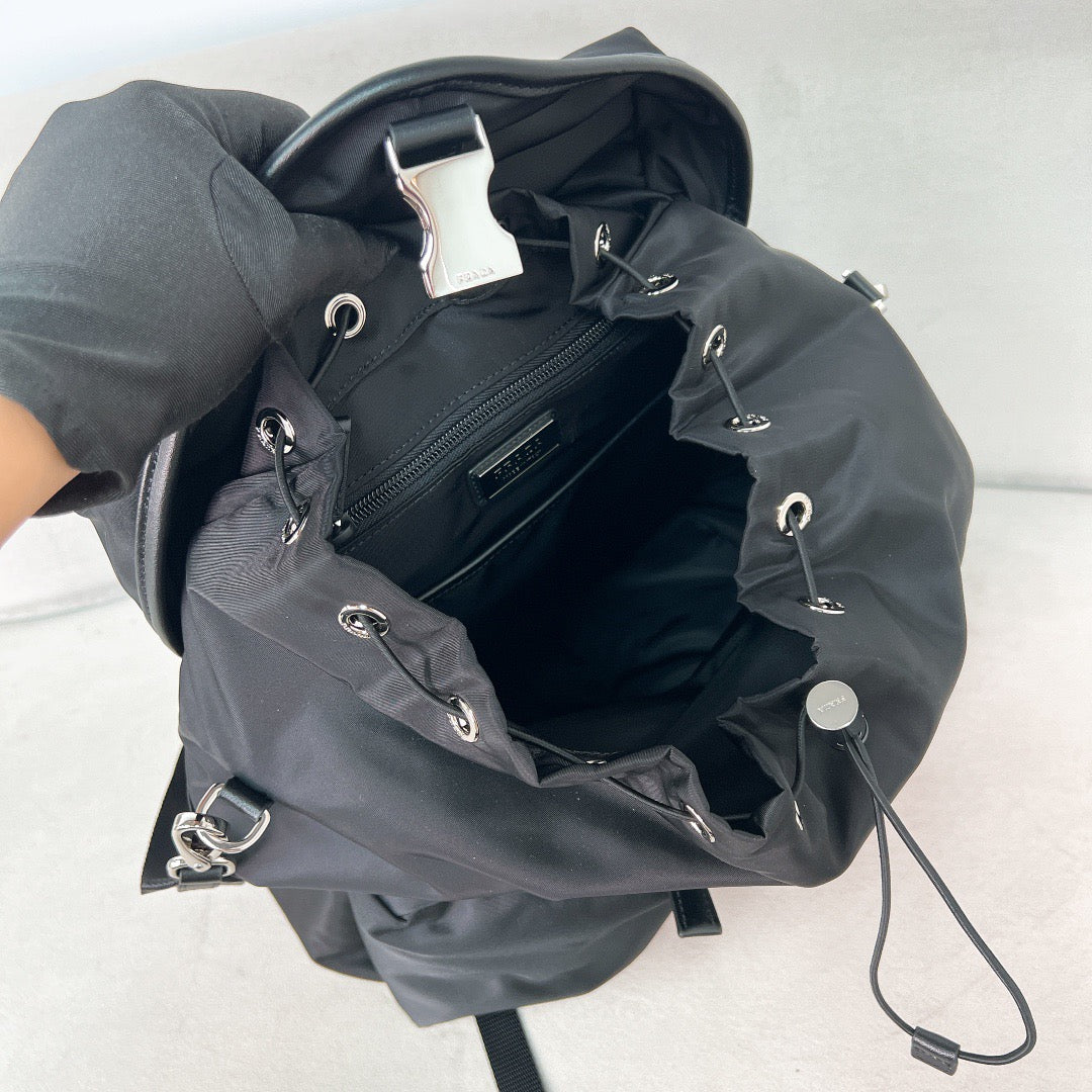 PRA BACKPACK 38 IN BLACK RE-NYLON AND SAFFIANO LEATHER